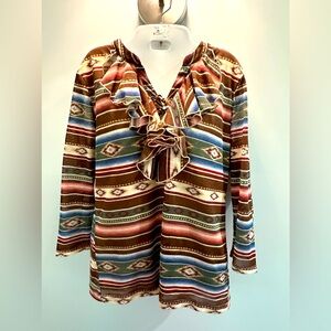 Ralph Lauren Chaps Denim western Aztec print sheer lined leather lace up shirt